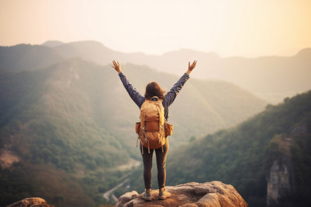 Personalised Travel 35 210841714-cheering-young-woman-hiker-open-arms-at-sunrise-mountain-peak-cliff